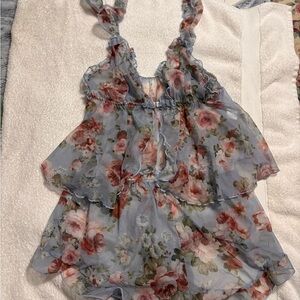 Floral Blue Chemise with Ruffle Straps
